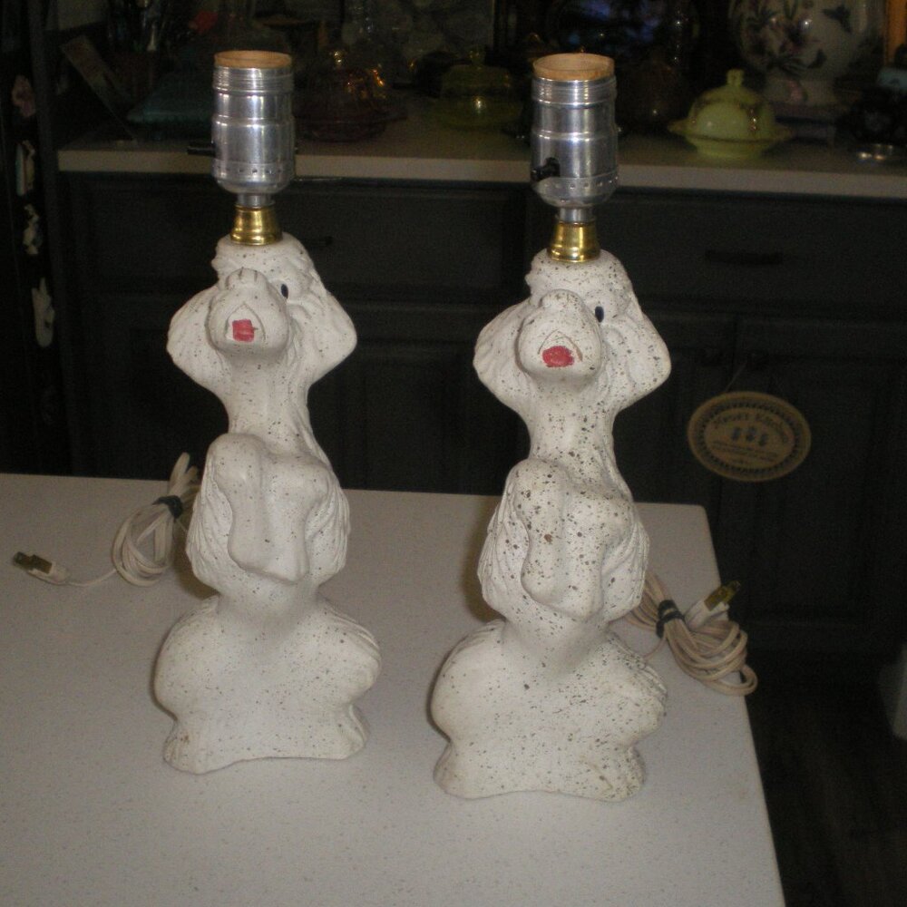 Vtg Pair 1950's White w/Gold Specks Chalk Ware Poodle Lamps 12 1/2" Tall EUC